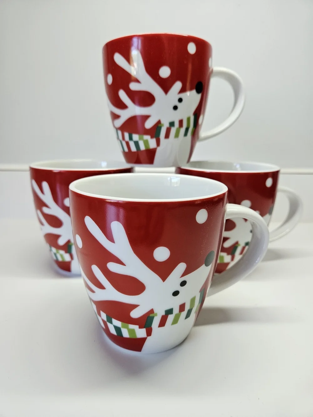 Crate & Barrel Red Ceramic Reindeer Christmas Mugs 12 OZ Set 4